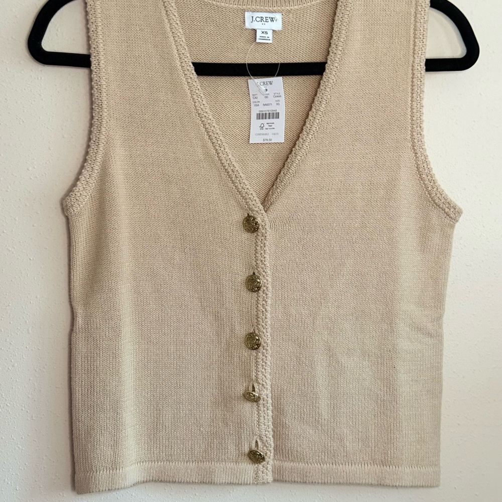 J.Crew NWT Oatmeal Sweater Vest Gold Crest Buttons V-Neck XS